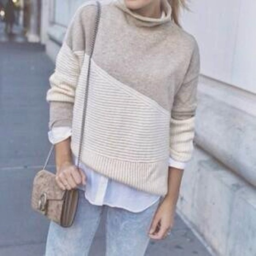 FRENCH CORRECTION Ribbed Beige & Cream Rolled Mock Turtleneck Sweater